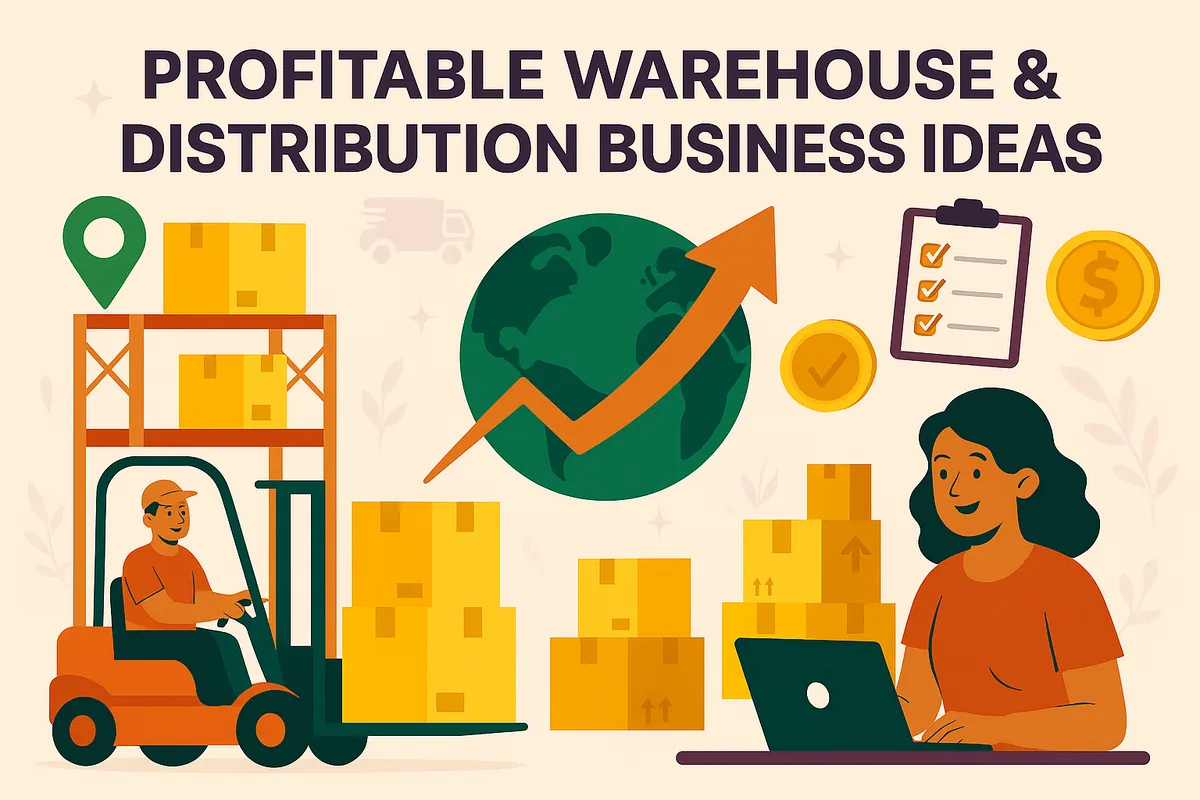 Illustration of a worker driving a forklift past stacked boxes, a globe with a rising arrow and a woman working on a laptop