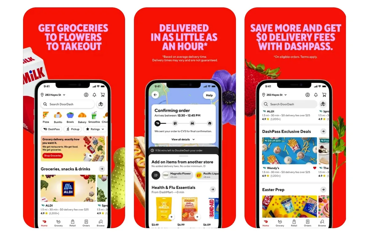 DoorDash app screenshots showing grocery and takeaway ordering, order tracking and DashPass deals