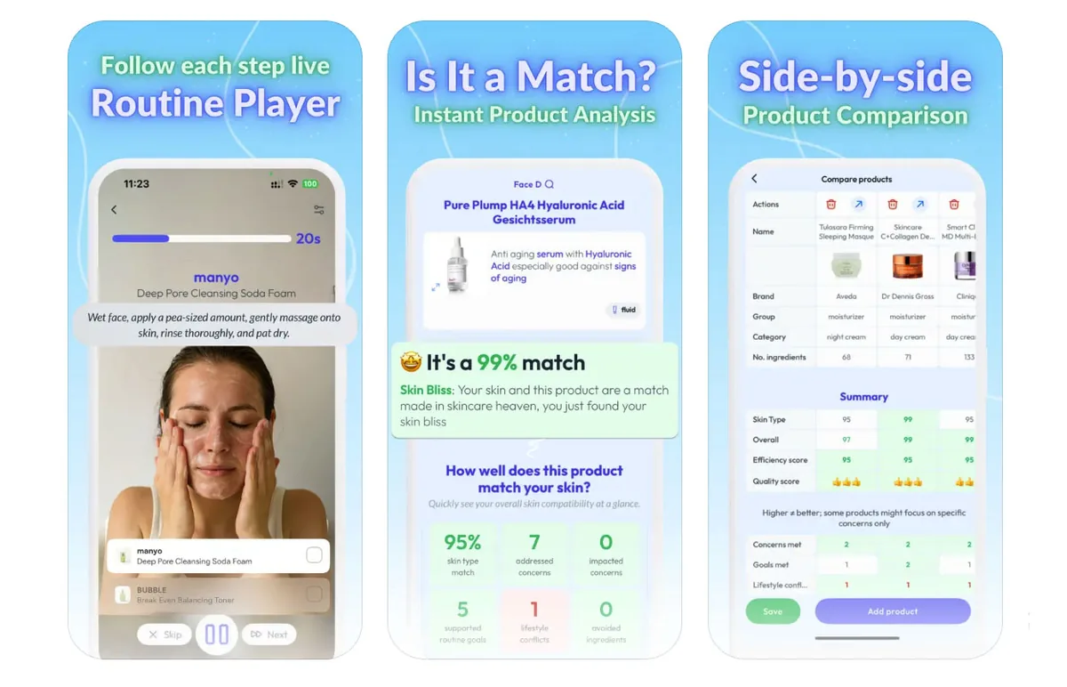 Skincare app screenshots showing a guided routine player, a product match score for your skin and a side-by-side product comparison