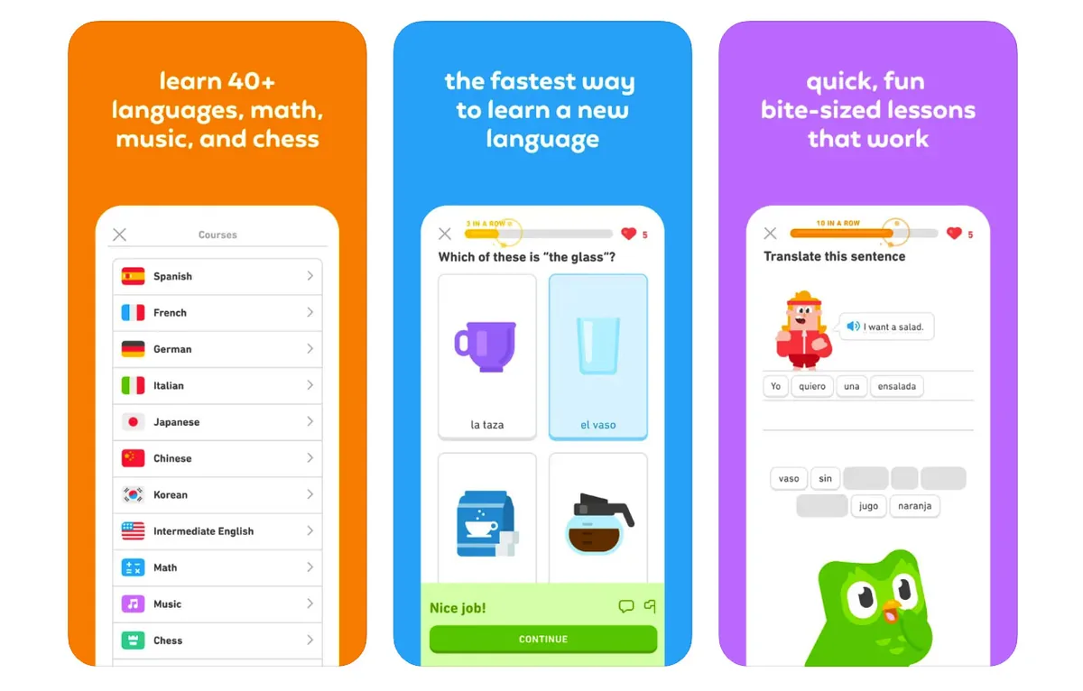 Duolingo app screenshots showing a course list of languages, maths, music and chess, and two short lesson exercises