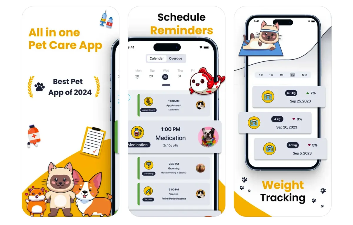 Pet care app screenshots showing reminders for appointments and medication, and a pet's weight tracked over time