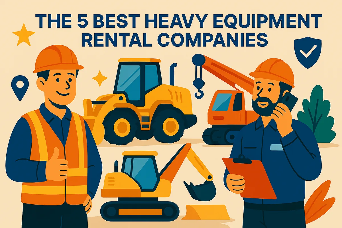 Illustration of two construction workers in hard hats beside a wheel loader, an excavator and a mobile crane