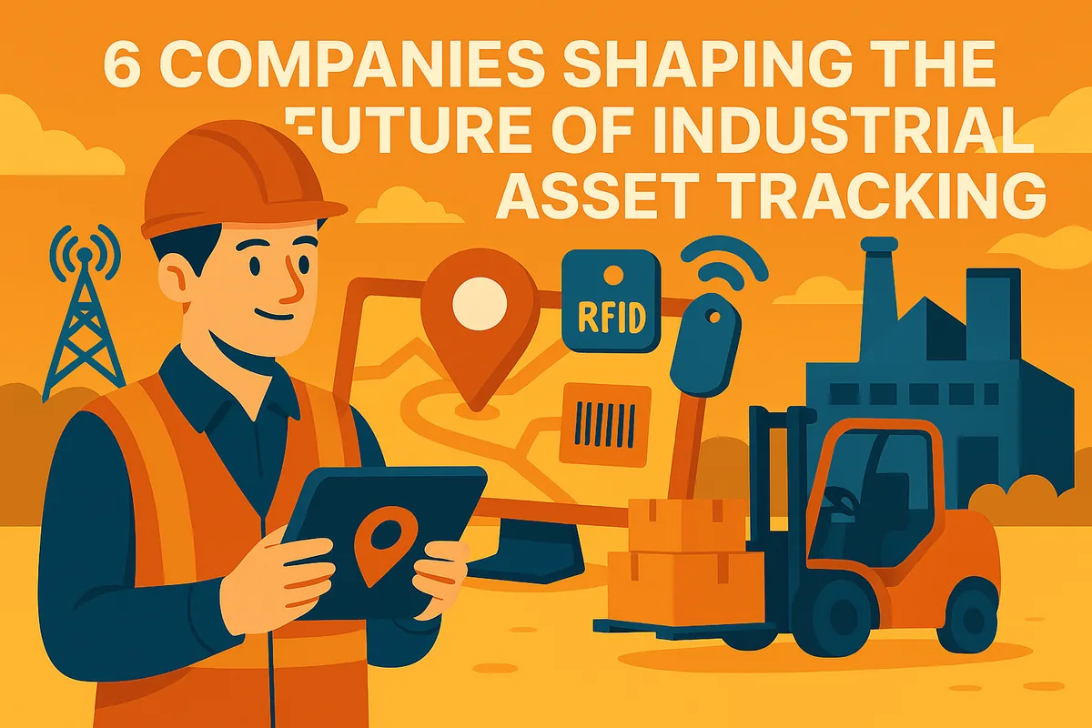 Illustration of a worker in a hard hat holding a tablet with a location pin, with RFID tags, a barcode, a forklift and a factory behind