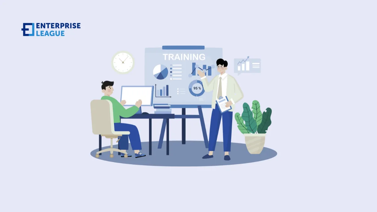 Illustration of a trainer presenting charts on a training board to a man working at a computer