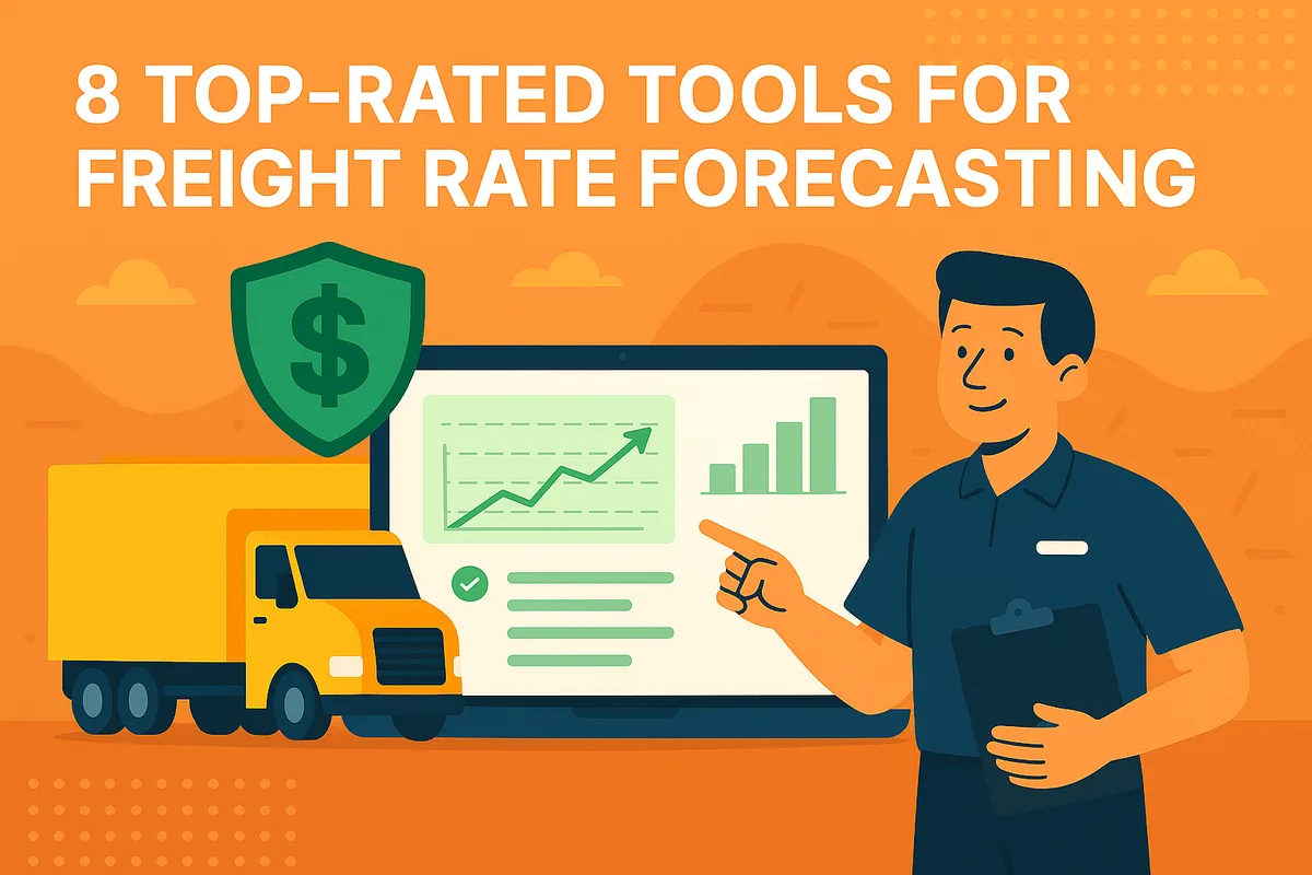 Illustration of a man pointing to a rising freight rate chart on a screen beside a yellow lorry and a dollar shield