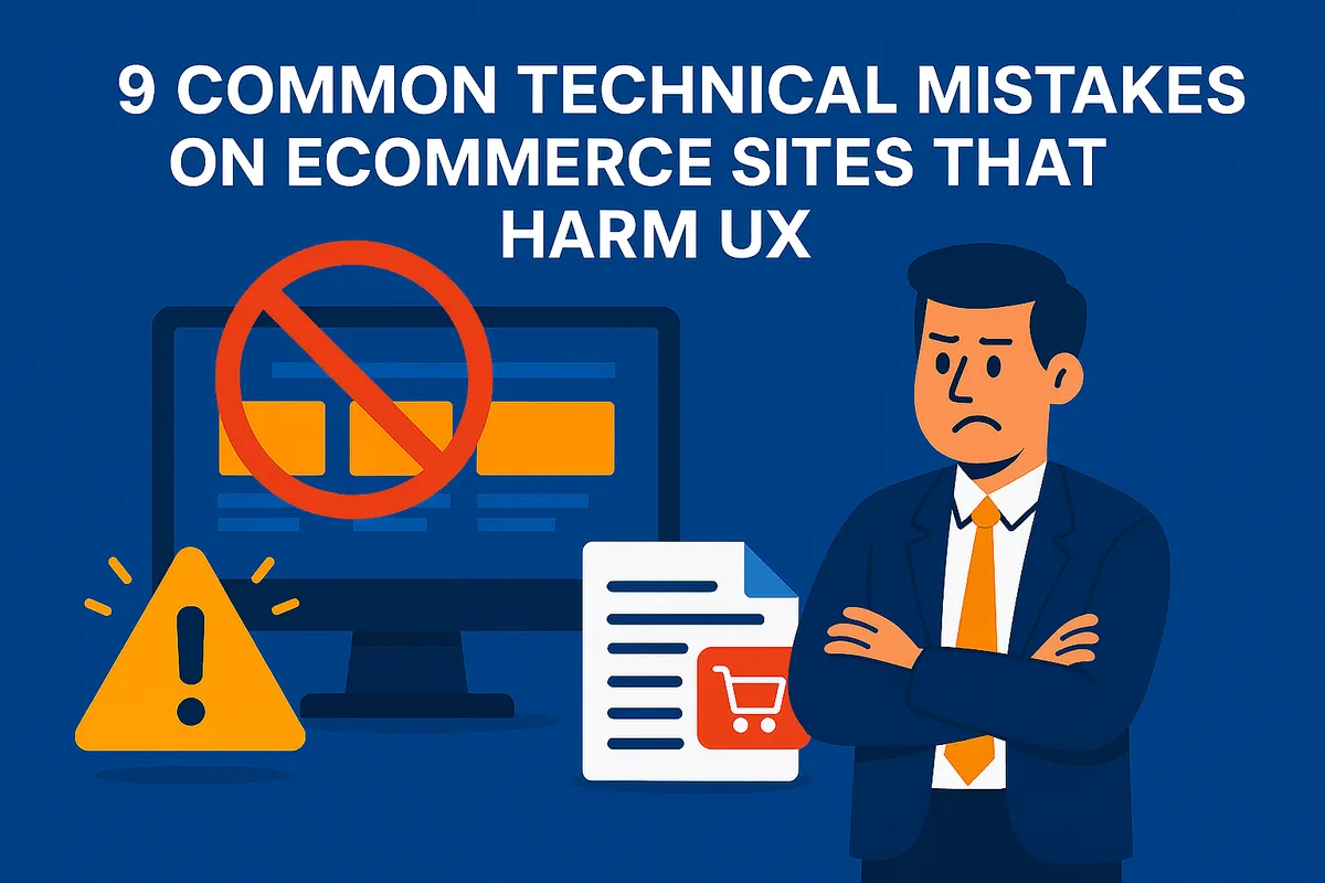 Illustration of a frowning man with folded arms beside an online shop on a screen crossed out, a warning sign and a document with a shopping basket