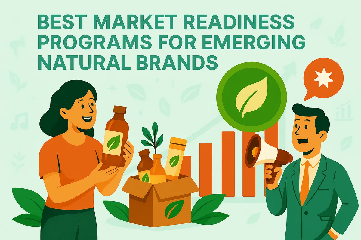 Illustration of a woman holding natural product bottles from a box while a man promotes them with a megaphone