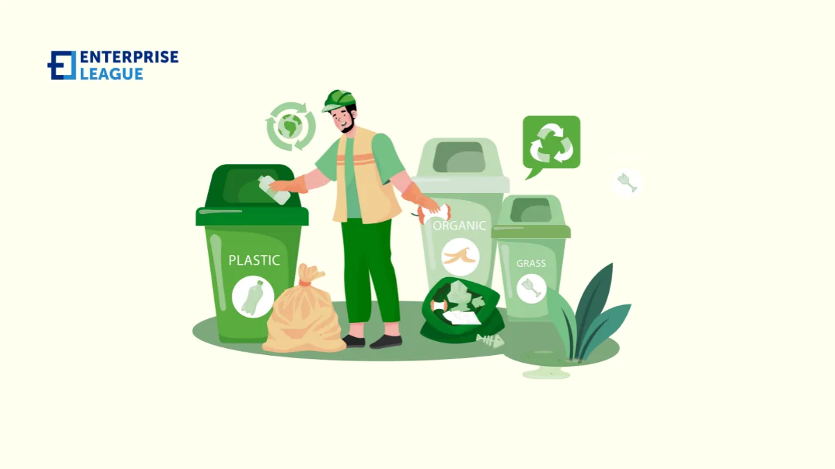 Illustration of a waste collector sorting rubbish into green recycling bins labelled plastic, organic and grass