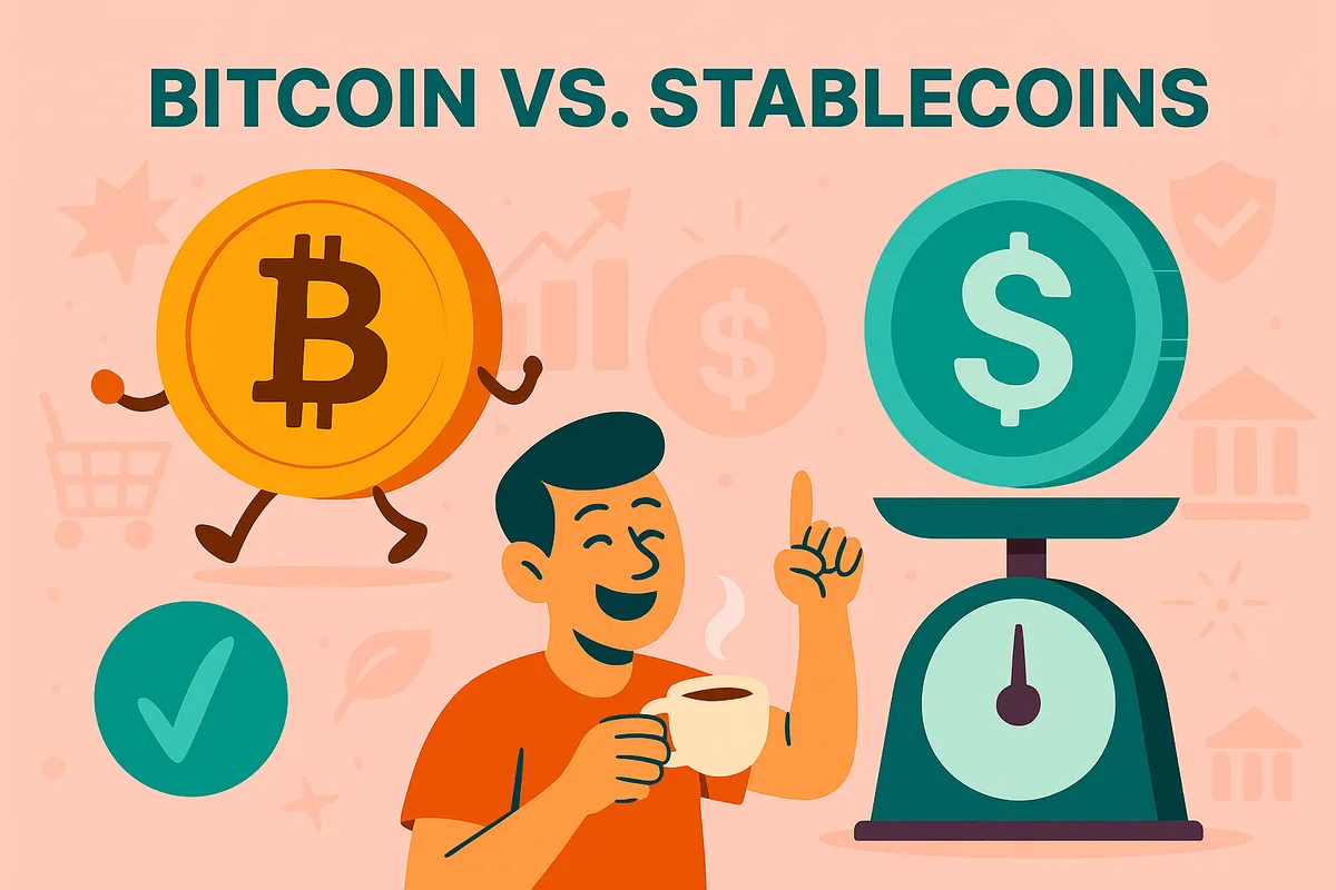 Illustration of a bitcoin on legs and a dollar stablecoin on a scale, with a man holding a coffee cup