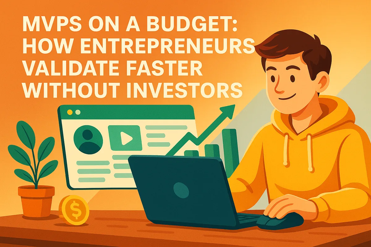 Illustration of a young entrepreneur working on a laptop with a web page and a rising chart behind him