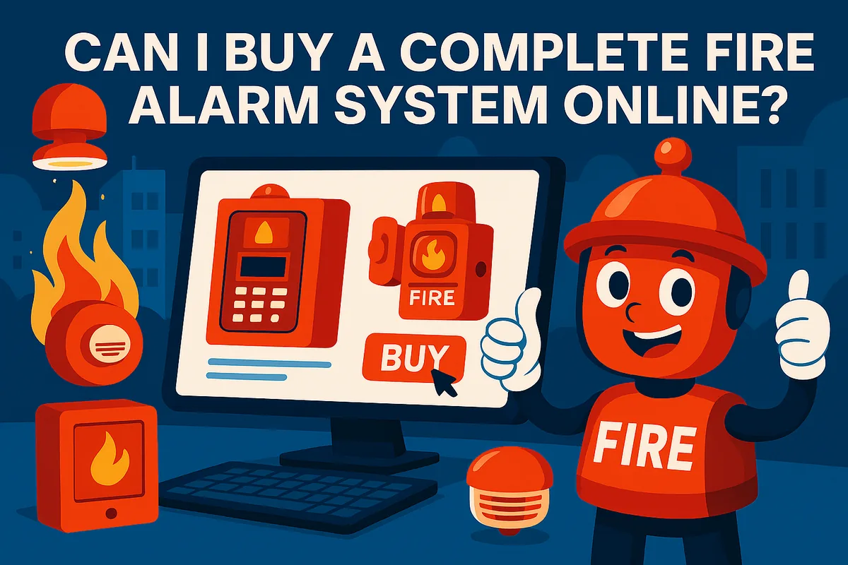 Illustration of a cheerful fire alarm character giving a thumbs up beside a computer showing a fire alarm panel with a buy button