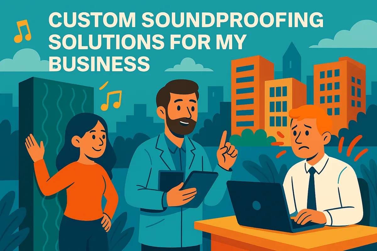 Illustration of a man with a tablet explaining soundproofing to a woman, while an office worker is disturbed by noise