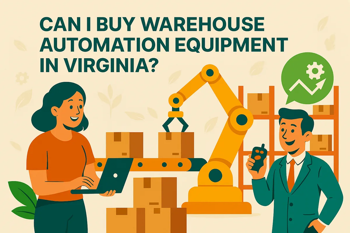 Illustration of a woman with a laptop and a man with a remote control beside a robotic arm moving boxes on a conveyor