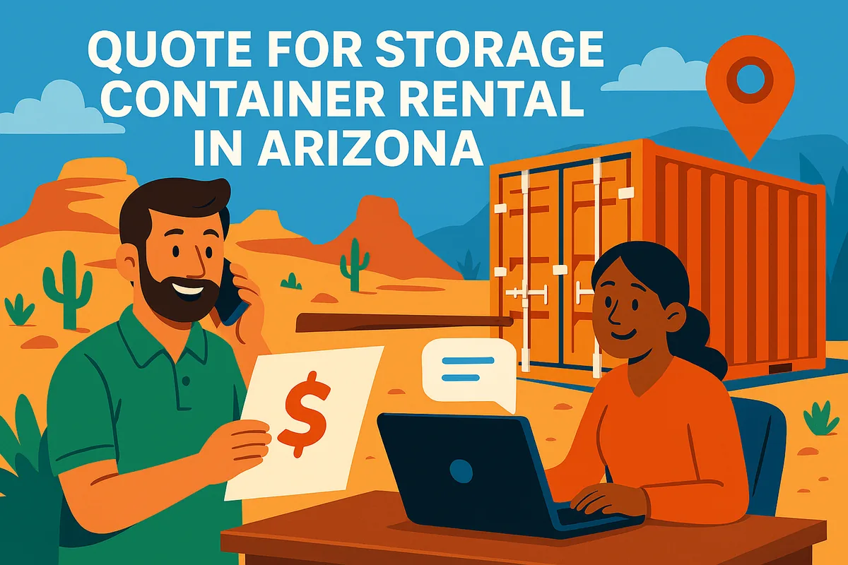 Illustration of a man on the phone holding a price quote and a woman at a laptop, in front of a storage container in the desert