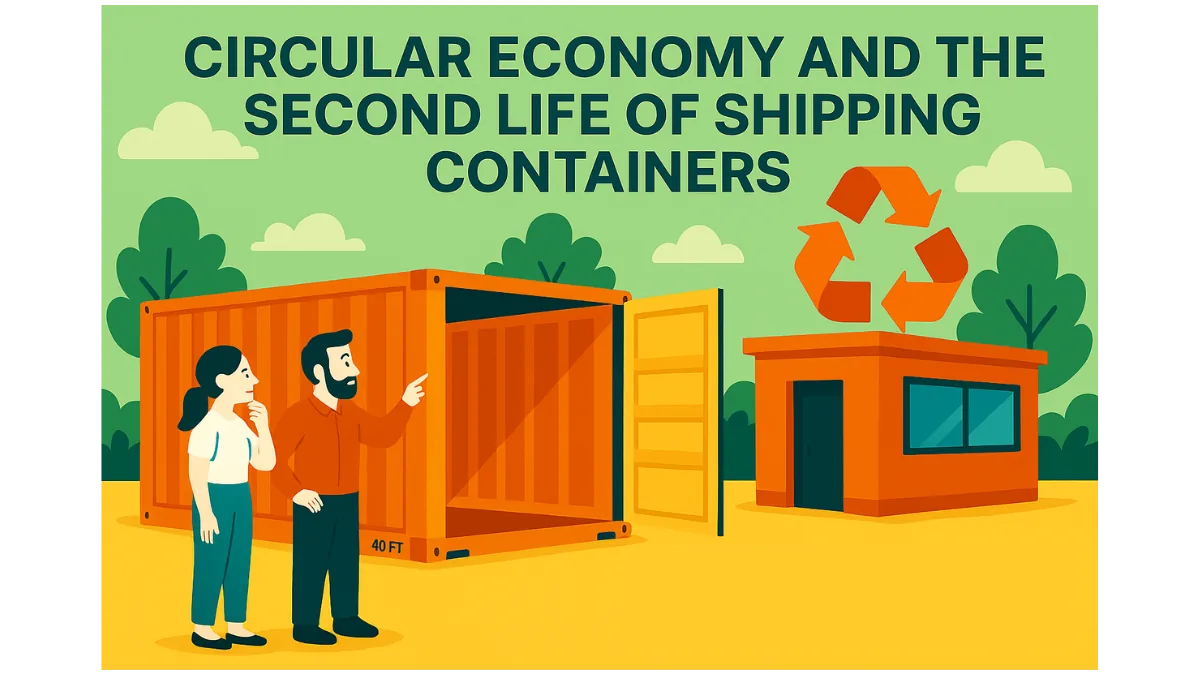 Illustration of a man and a woman looking inside an open shipping container, next to a container converted into a small building with windows