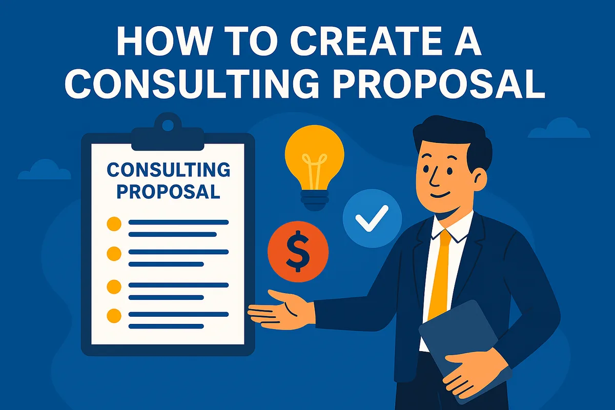 Illustration of a businessman presenting a clipboard titled "Consulting proposal", with a light bulb, a dollar sign and a tick