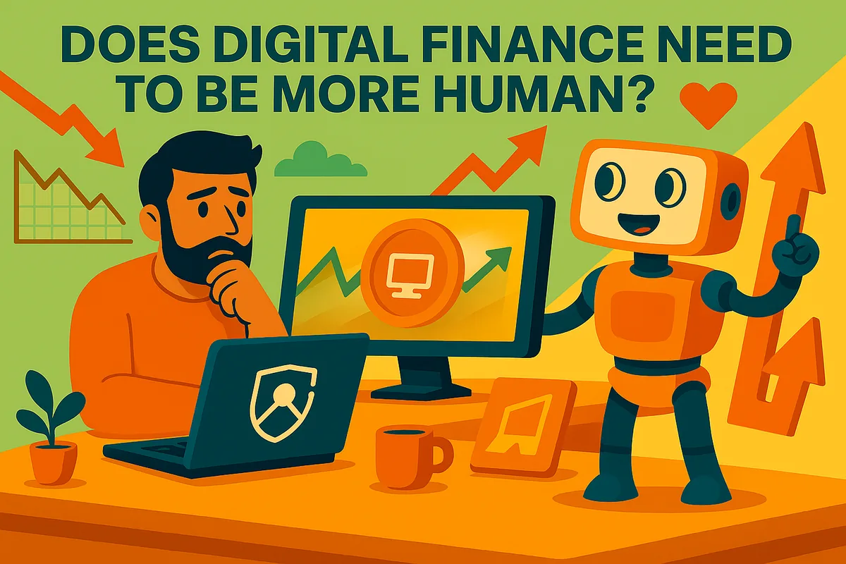 Illustration of a worried man at a laptop and a friendly robot beside a screen showing a rising chart