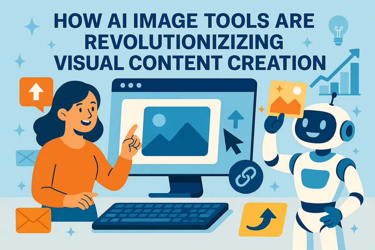 Illustration of a woman creating an image on a computer screen beside a friendly robot