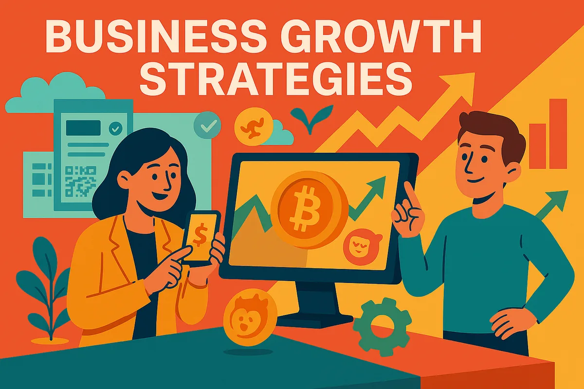 Illustration of a woman paying with her phone and a man pointing to a screen showing a bitcoin and a rising chart