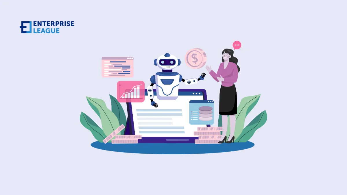 Illustration of a woman talking to a robot beside a laptop showing charts, data and a coin