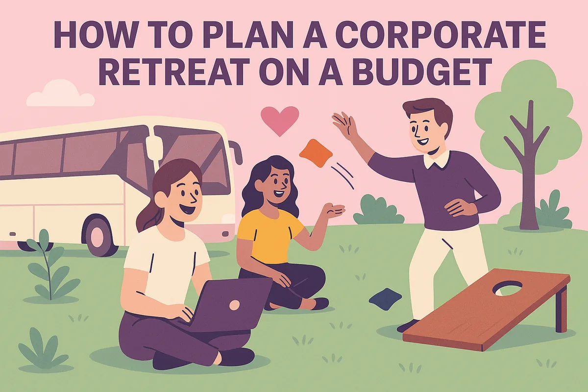 Illustration of colleagues relaxing on the grass at a team retreat, one on a laptop and one playing a beanbag toss game, with a coach parked behind