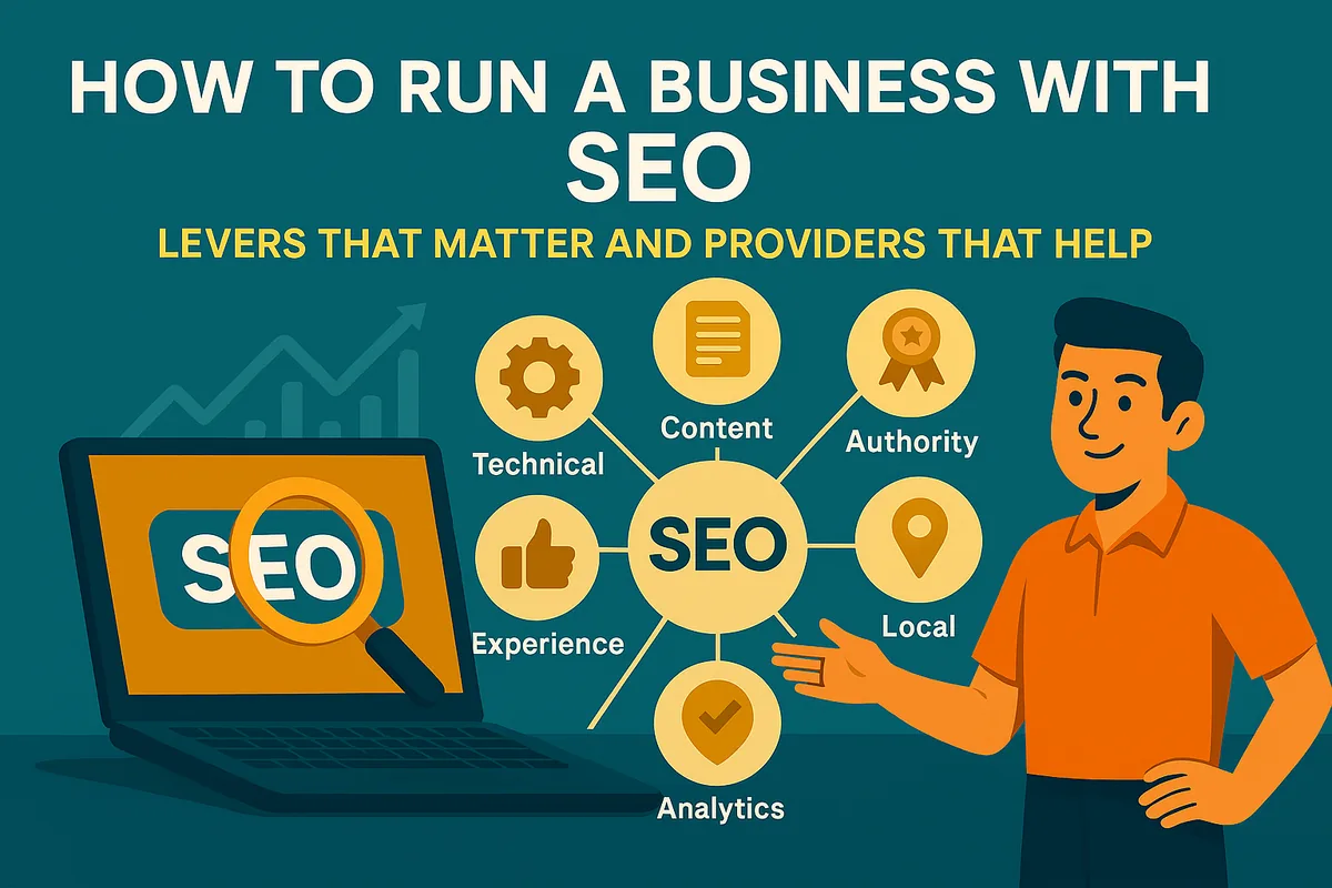 Illustration of a man presenting the parts of SEO: technical, content, authority, experience, local and analytics