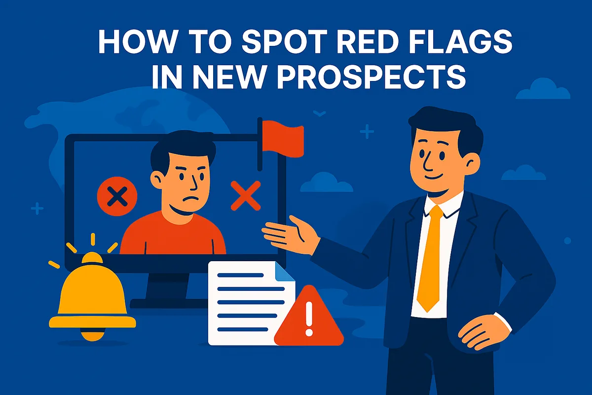 Illustration of an adviser pointing to a prospect on screen marked with red crosses and a red flag, beside an alert bell and a warning sign