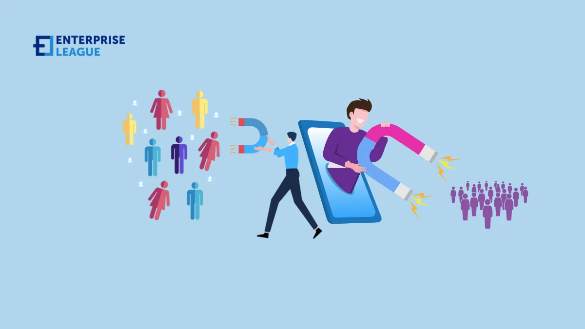 Illustration of a man using a large magnet on a phone screen to draw in crowds of people