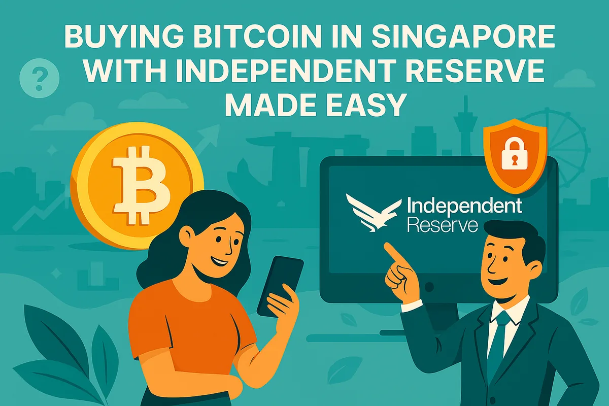 Illustration of a woman holding a phone next to a bitcoin, and a man pointing to the Independent Reserve website