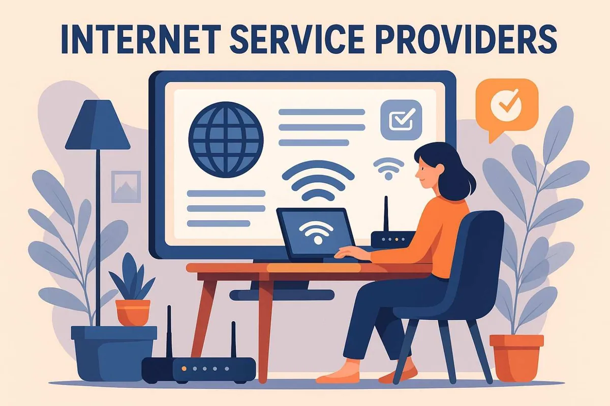Illustration of a woman working on a laptop at home with a Wi-Fi router and a screen showing a globe and Wi-Fi signal