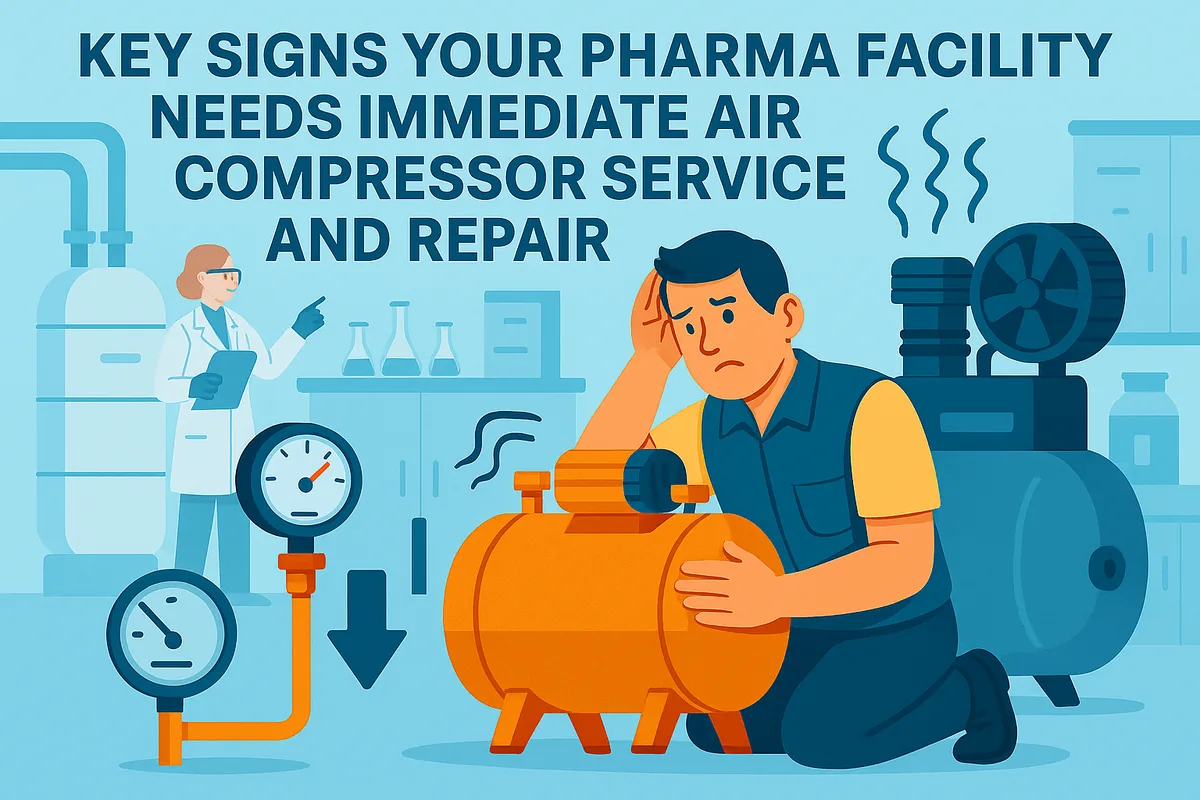Illustration of a worried technician beside an air compressor in a laboratory, with pressure gauges and a scientist in the background