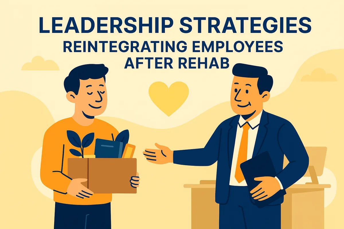 Illustration of a manager welcoming back an employee carrying a box with a plant and books