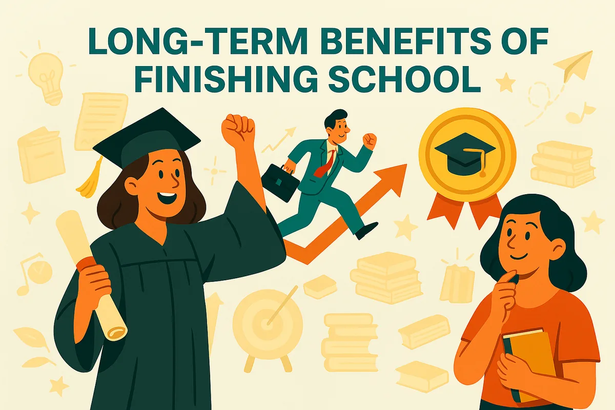 Illustration of a graduate in cap and gown holding a diploma, a professional running up a rising arrow and a student holding a book