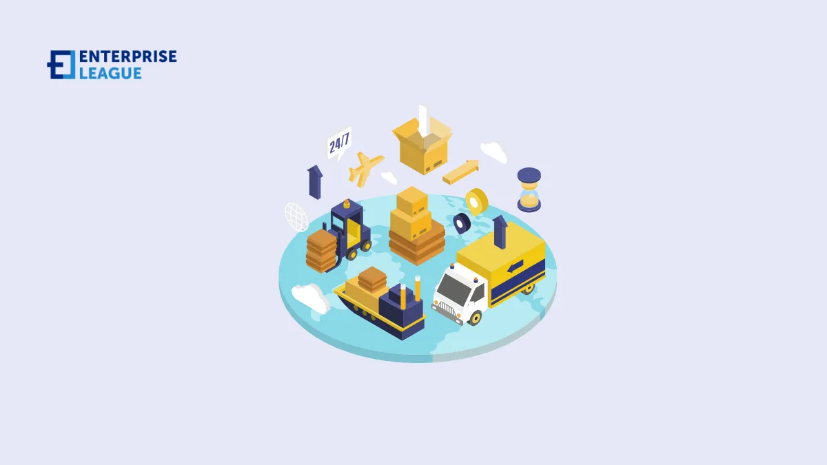 Illustration of a globe with parcels, a forklift, a lorry, a cargo ship and a plane moving goods around it