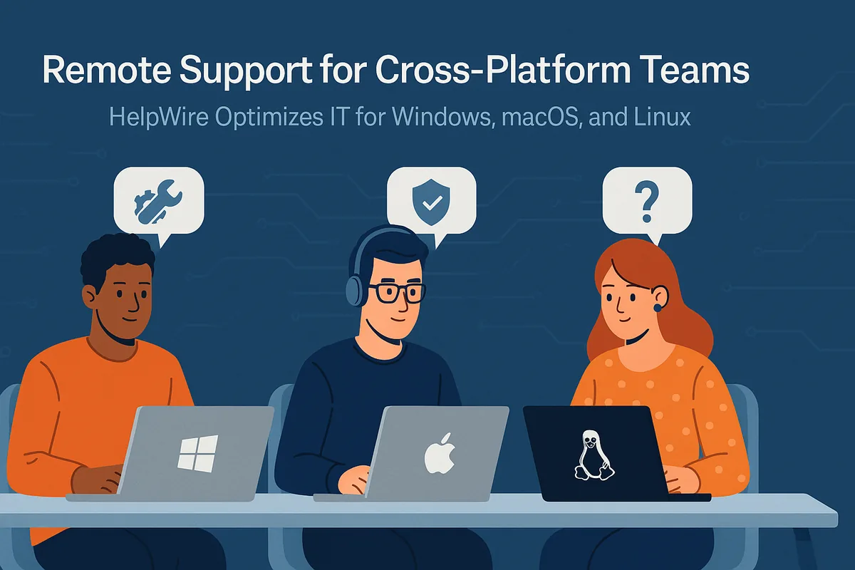 Illustration of three colleagues on laptops running Windows, macOS and Linux, with support icons above them