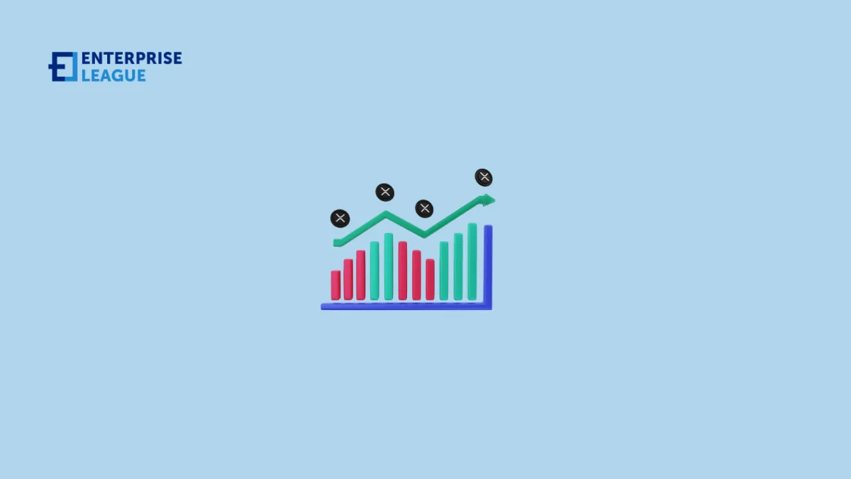 Illustration of a bar chart with a rising green trend line