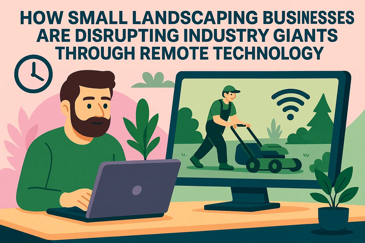 Illustration of a man at a laptop watching a gardener mow a lawn on his computer screen