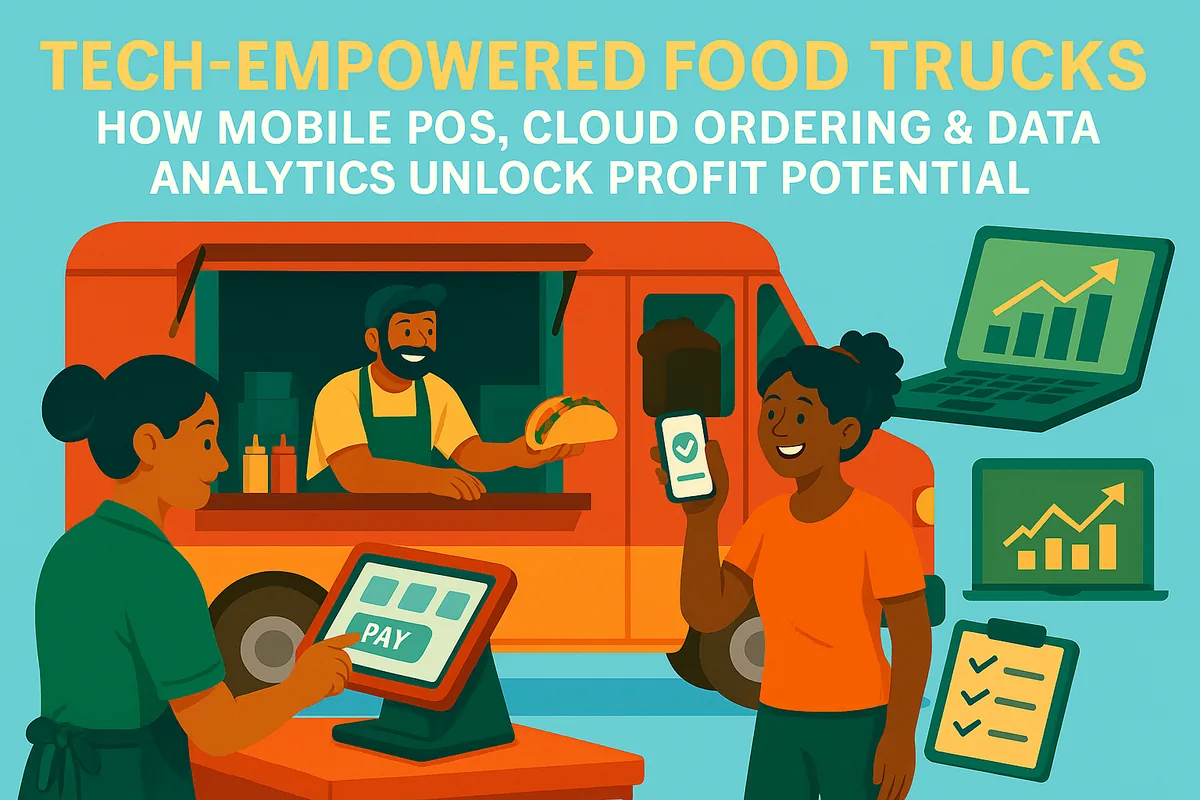 Illustration of a food truck serving a taco while customers pay on a tablet and a phone, with sales charts