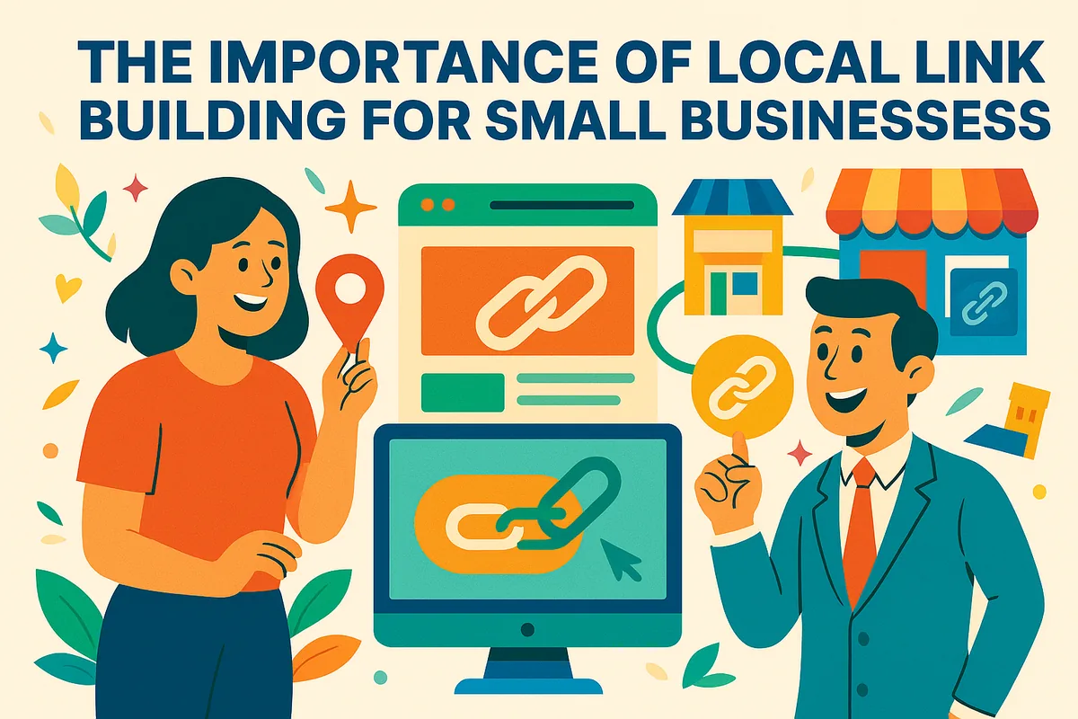 Illustration of a woman holding a location pin and a man pointing to a link icon, with web pages and local shops joined by links