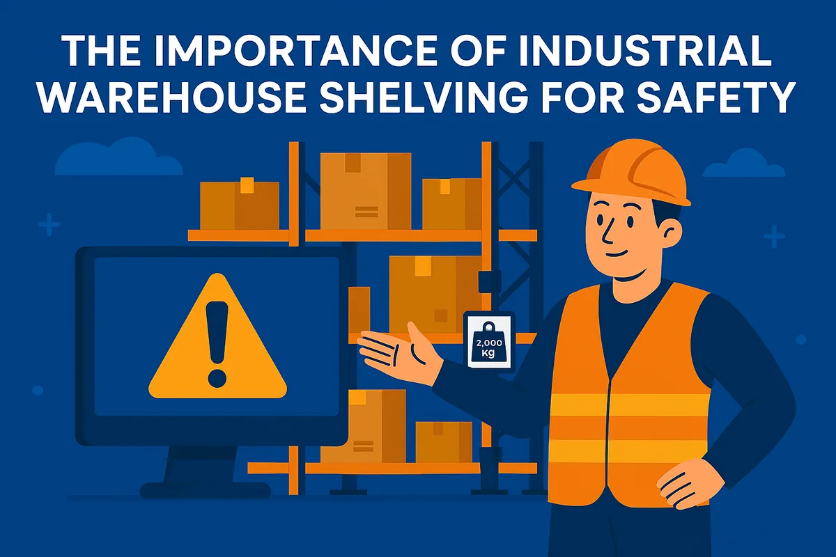 Illustration of a warehouse worker in a hard hat and high-visibility vest beside shelving loaded with boxes and a warning sign on a screen