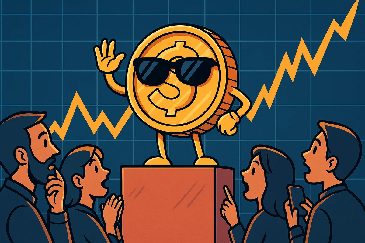 Illustration of a coin wearing sunglasses standing on a pedestal over a rising price chart, watched by an amazed crowd