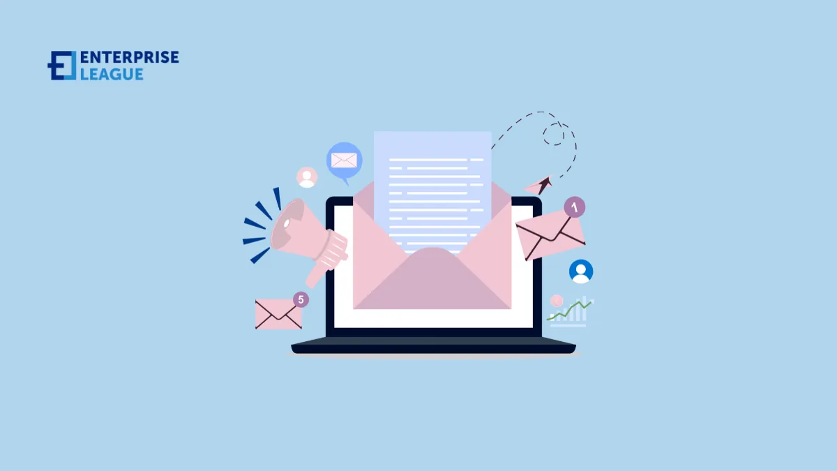 Illustration of an open email on a laptop screen, surrounded by envelopes, a megaphone and a rising chart