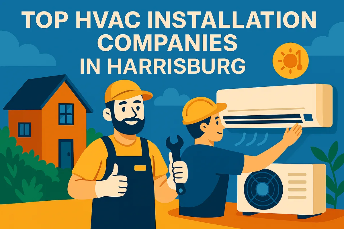 Illustration of two technicians installing an air conditioning unit outside a house