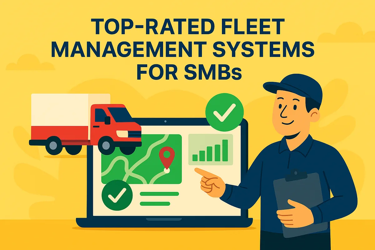 Illustration of a fleet manager pointing to a route map on a laptop beside a red delivery lorry