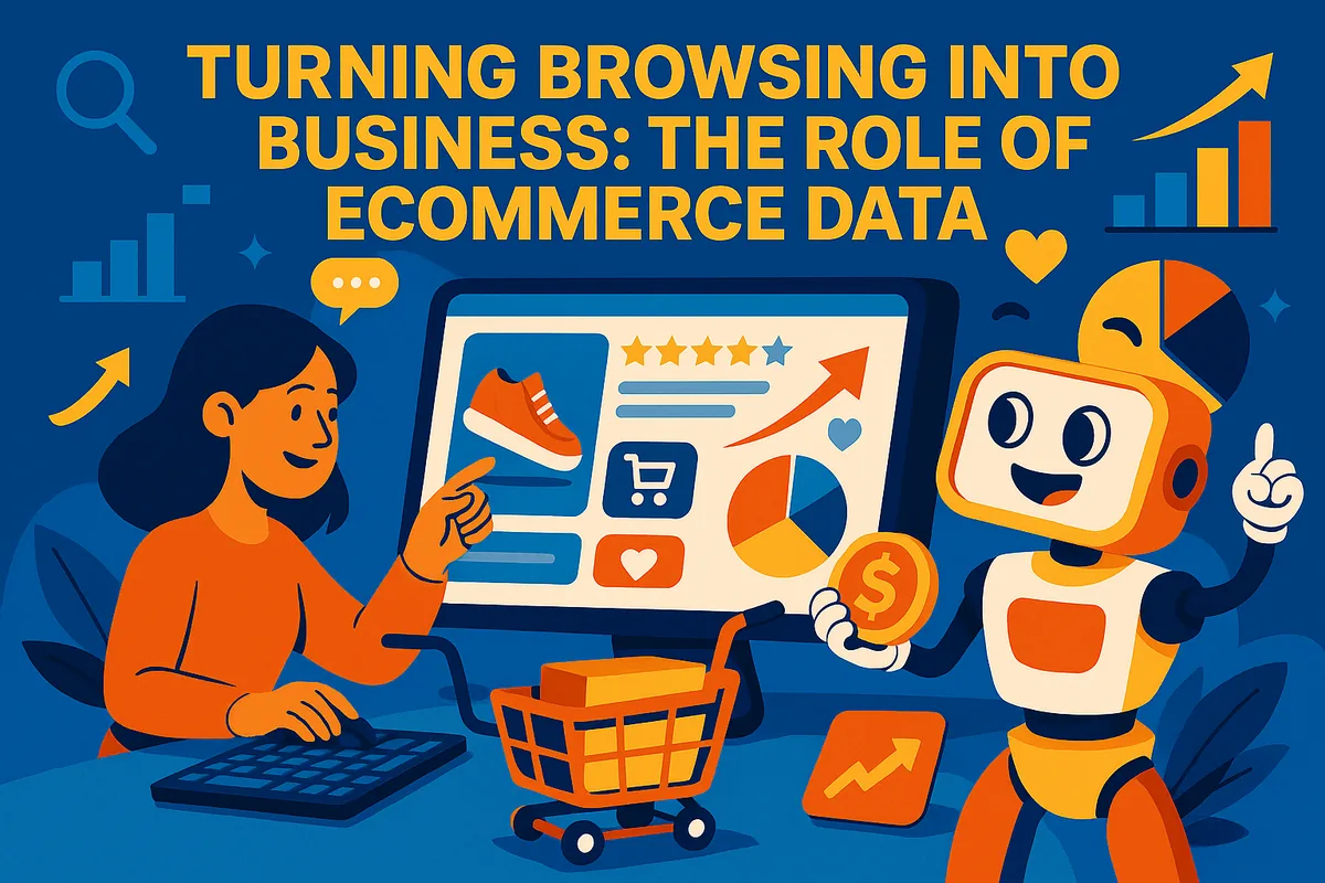 Illustration of a woman shopping online for trainers while a robot holding a coin points to sales charts
