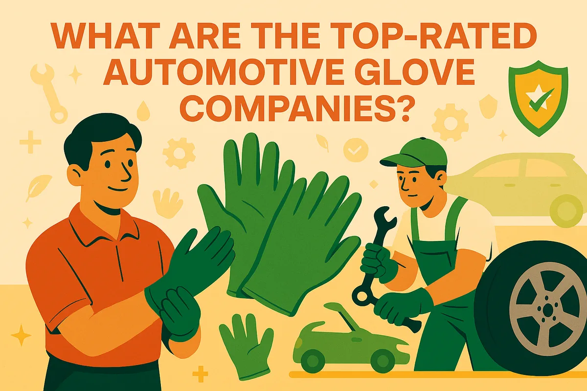 Illustration of a man pulling on green work gloves and a mechanic changing a car tyre