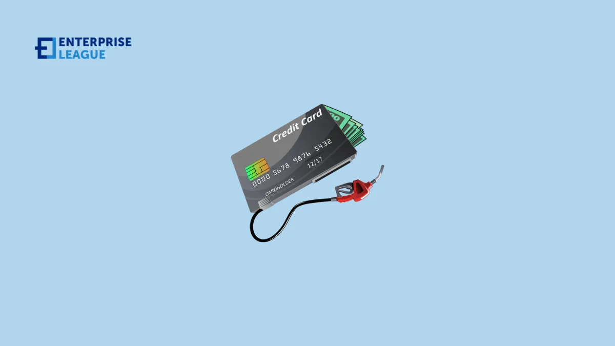 Illustration of a payment card with banknotes tucked behind it, joined by a hose to a fuel pump nozzle