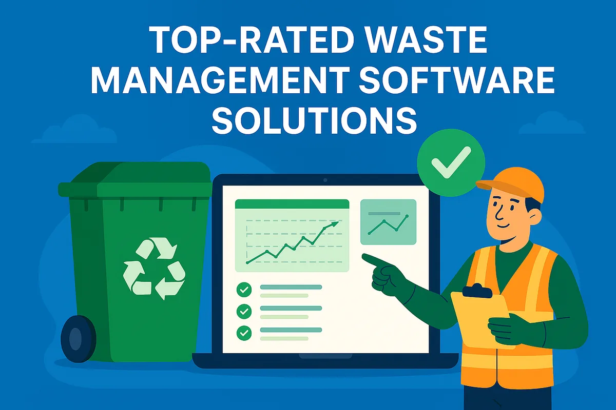 Illustration of a waste worker pointing to software charts and a checklist on a laptop beside a green recycling bin