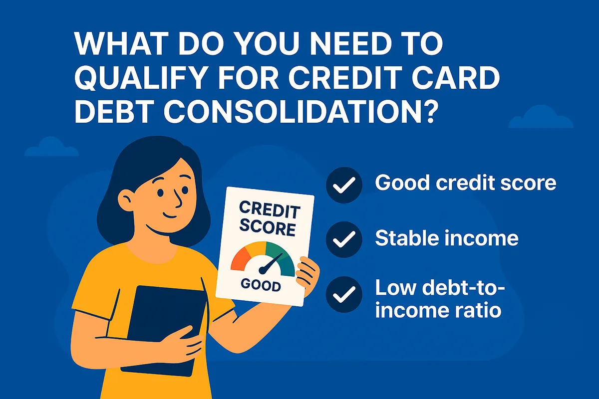 Illustration of a woman holding a credit score card showing "Good", next to three requirements: good credit score, stable income and low debt-to-income ratio