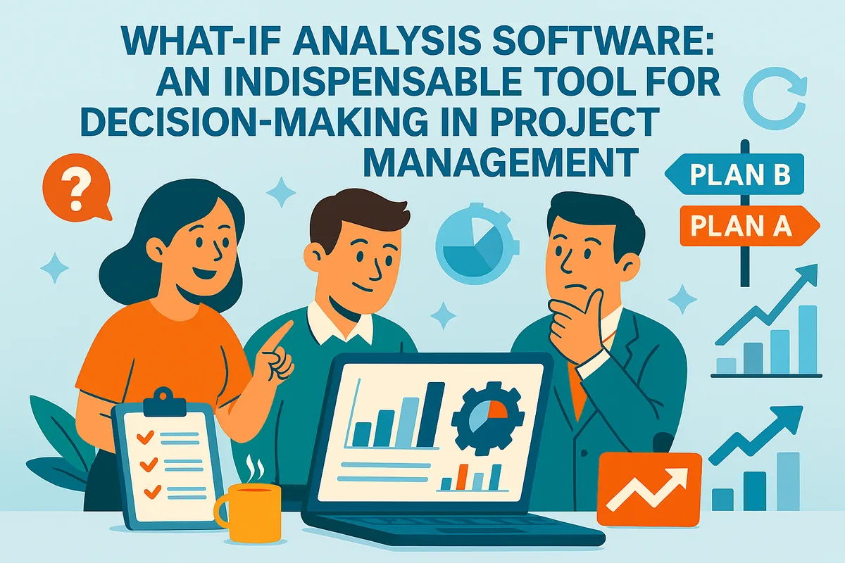 Illustration of three colleagues discussing charts on a laptop beside signposts for plan A and plan B